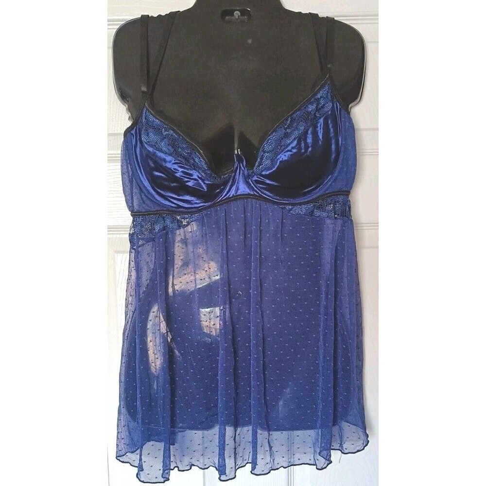 iCollection Mesh  Babydoll  Lace Chemise Size 1X Blue Satin Polka Dot Underwire